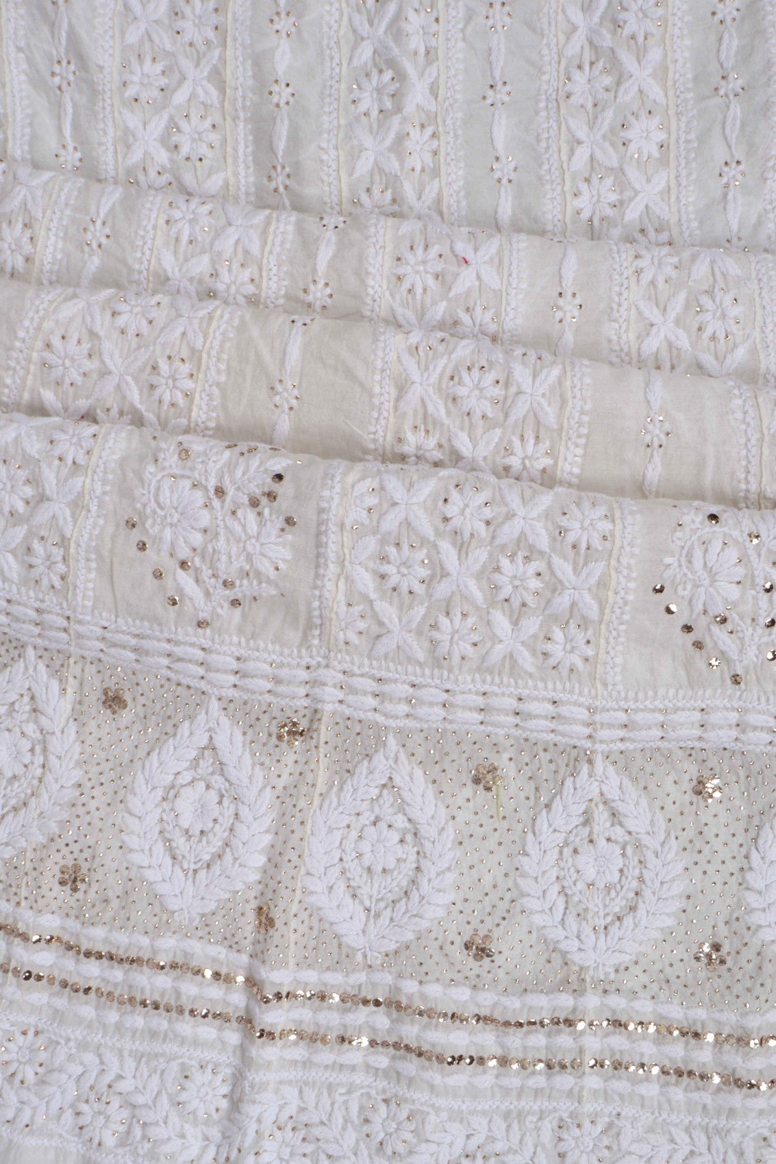 Ada Hand Embroidered Off White Chanderi Lucknowi Chikankari Semi-Stitched Anarkali Kurta Piece With Muqaish Work 01A223577