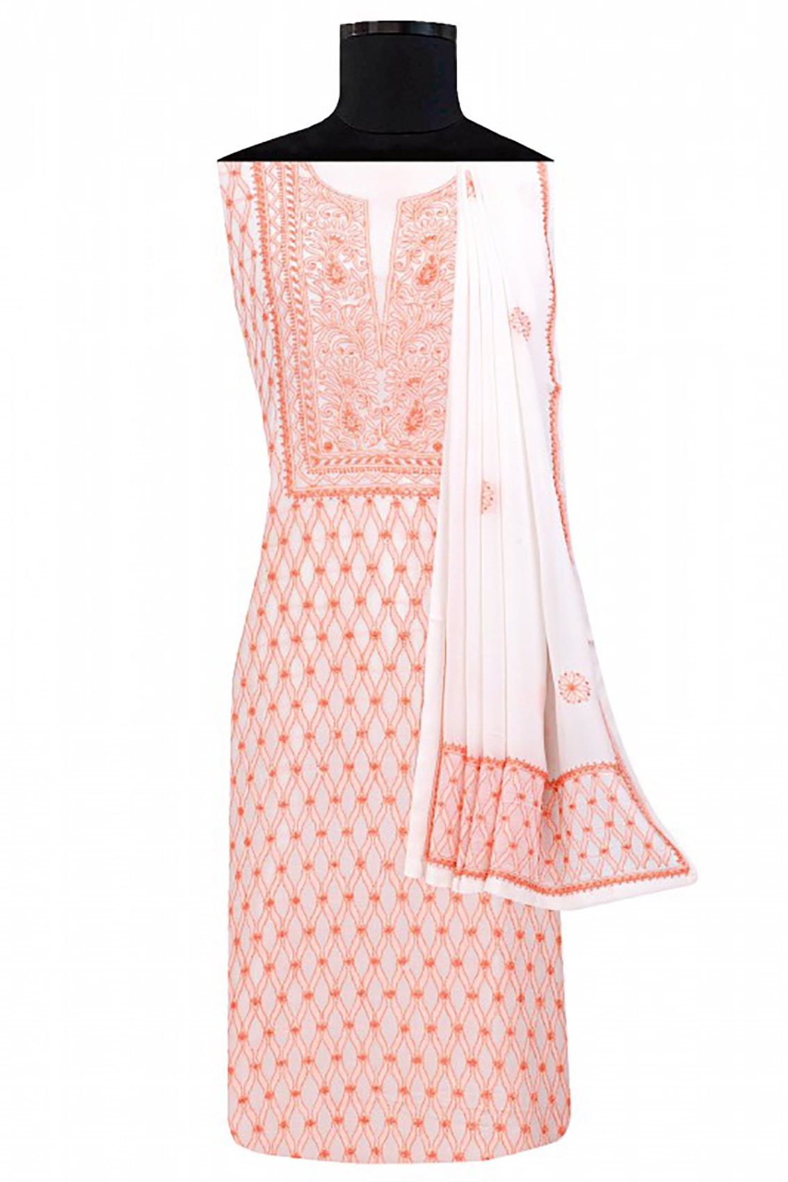 Ada Hand Embroidered White Pure Georgette Lucknowi Chikankari Unstitched Kurta Dupatta Set A292104