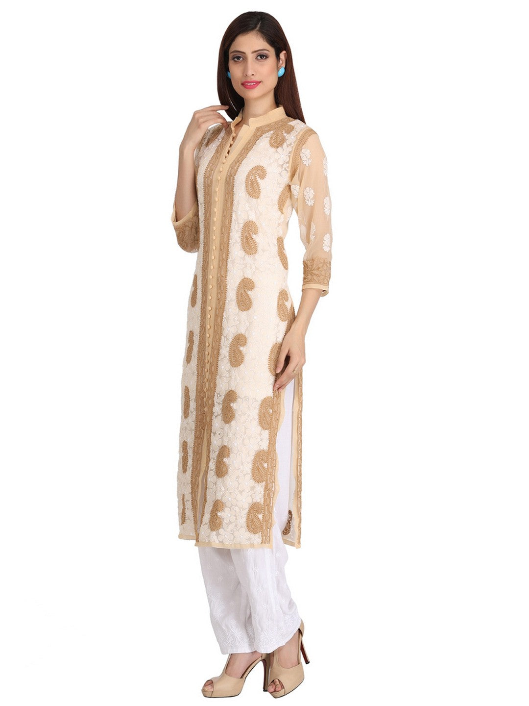 Ada Hand Embroidered Fawn Georgette Lucknow Chikan Straight Kurta A227262
