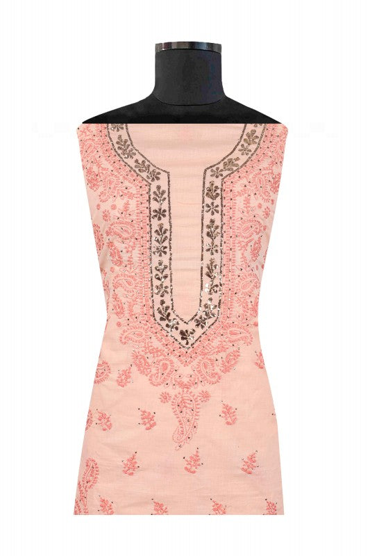 Ada Hand Embroidered Peach Cotton Lucknowi Chikan Unstitched Kurta Piece With Muqaish Work A281435