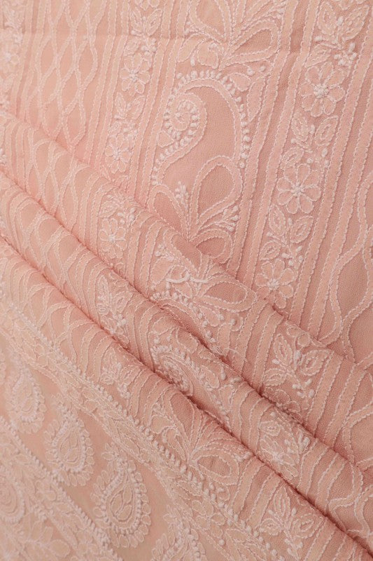 Ada Hand Embroidered Light Peach Pure Georgette Lucknowi Chikan Unstitched Kurta Piece A505479