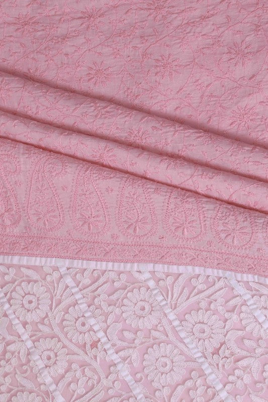 Ada Hand Embroidered Blush Pink/White Cotton Lucknowi Chikan Unstitched Suit Piece A605678