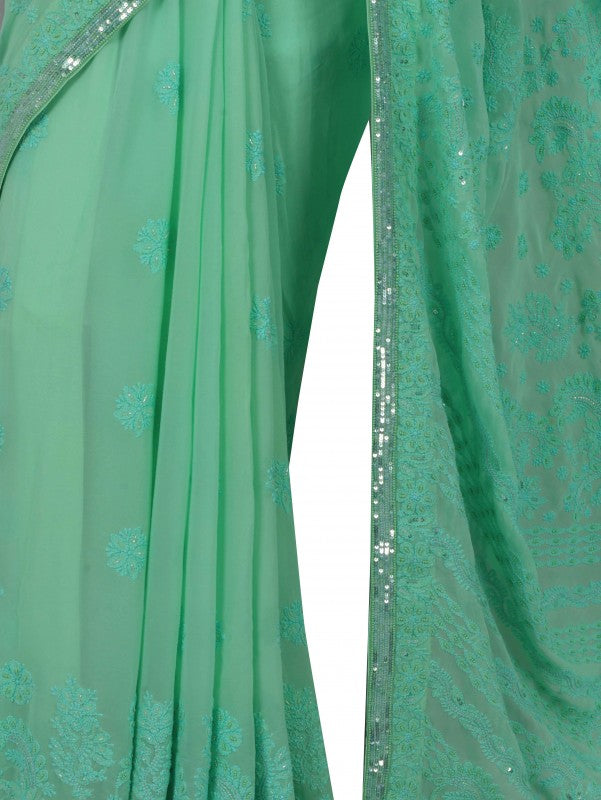 Ada Hand Embroidered Mint Green Georgette Lucknowi Chikankari Saree/Blouse With Pearl Work 01A138520