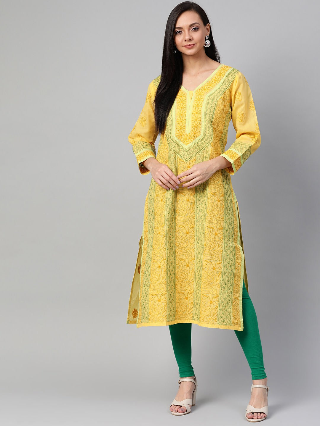 Ada Hand Embroidered Yellow Cotton Lucknow Chikan Straight Kurta- A272591