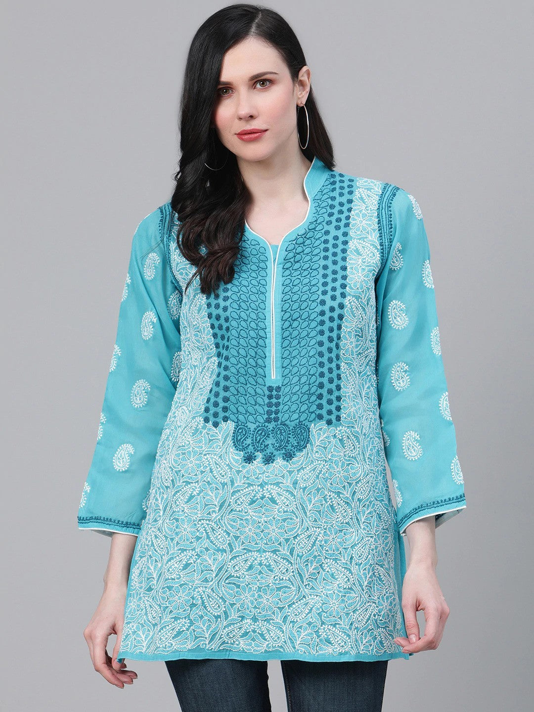 Ada Hand Embroidered Blue Cotton Lucknow Chikan Kurti -A259137