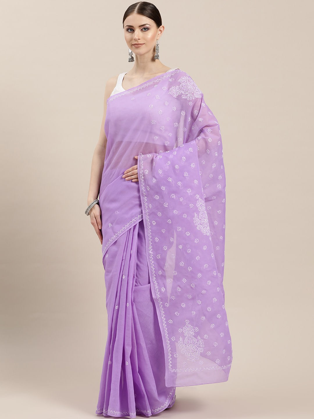 Ada Hand Embroidered Mauve Cotton Lucknow Chikan Saree with Blouse - A346162