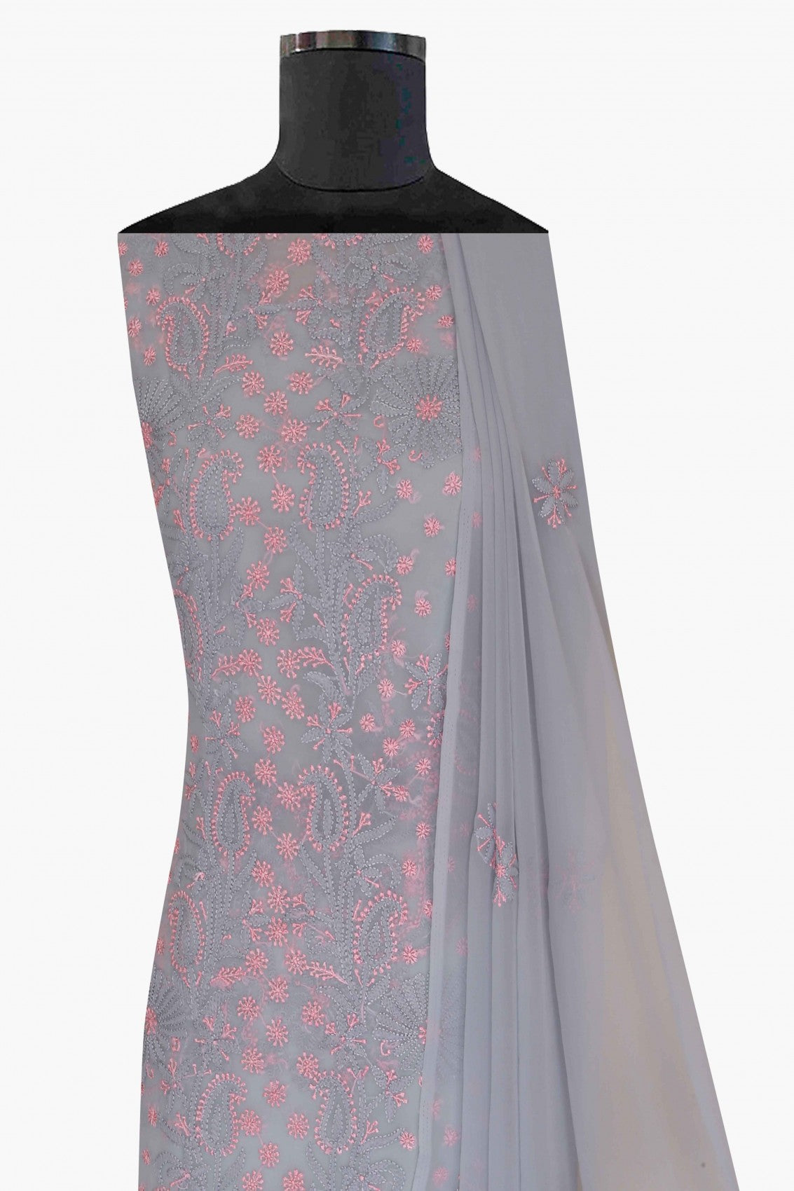 Ada Hand Embroidered Grey Georgette Lucknowi Chikan Unstitched Suit Piece A211184