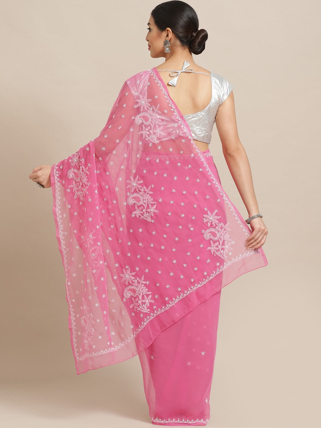 Ada Hand Embroidered Pink Georgette Lucknowi Chikankari Saree With Blouse A84006