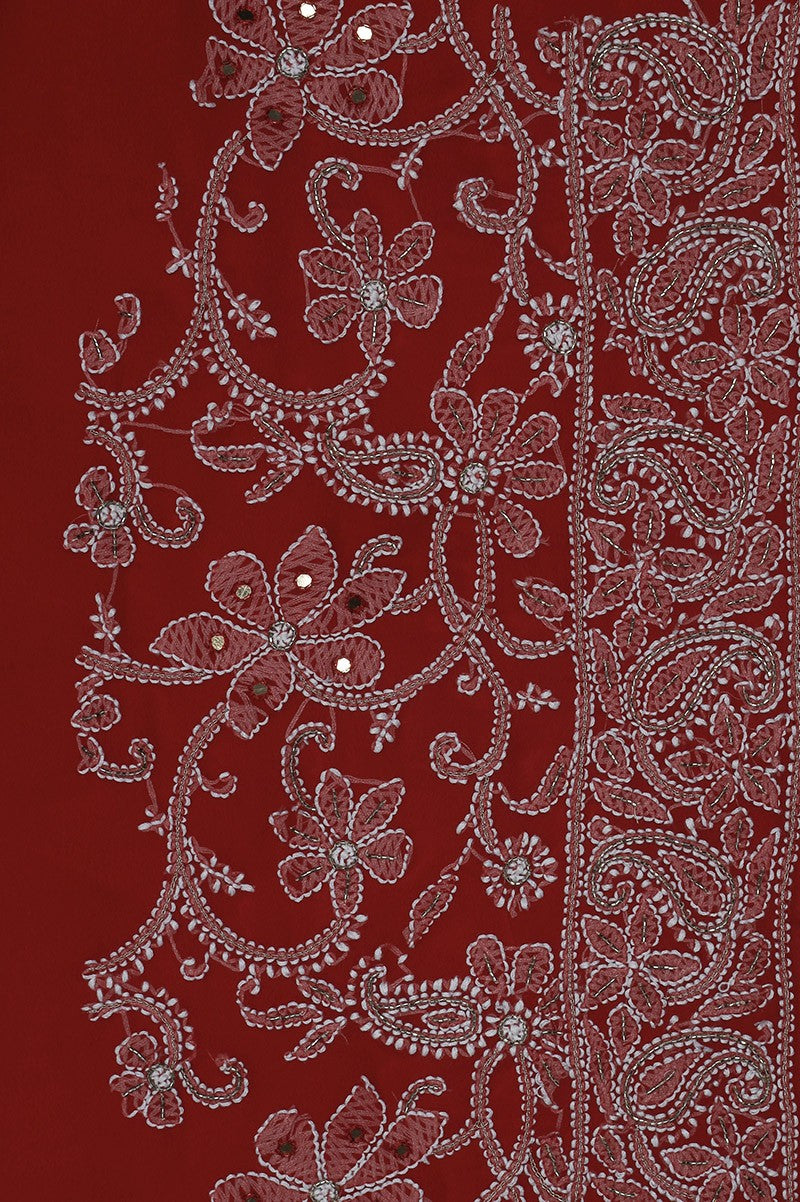 Ada Hand Embroidered Red Georgette Lucknowi Chikankari Saree/Blouse With Zari work A568660