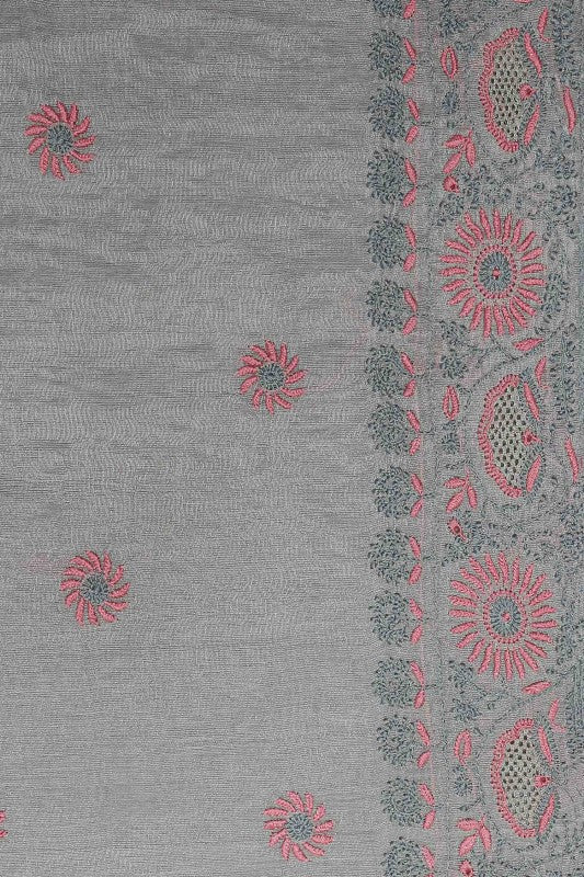 Ada Hand Embroidered Grey Tissue Lucknow Chikan Saree With Blouse-A622171