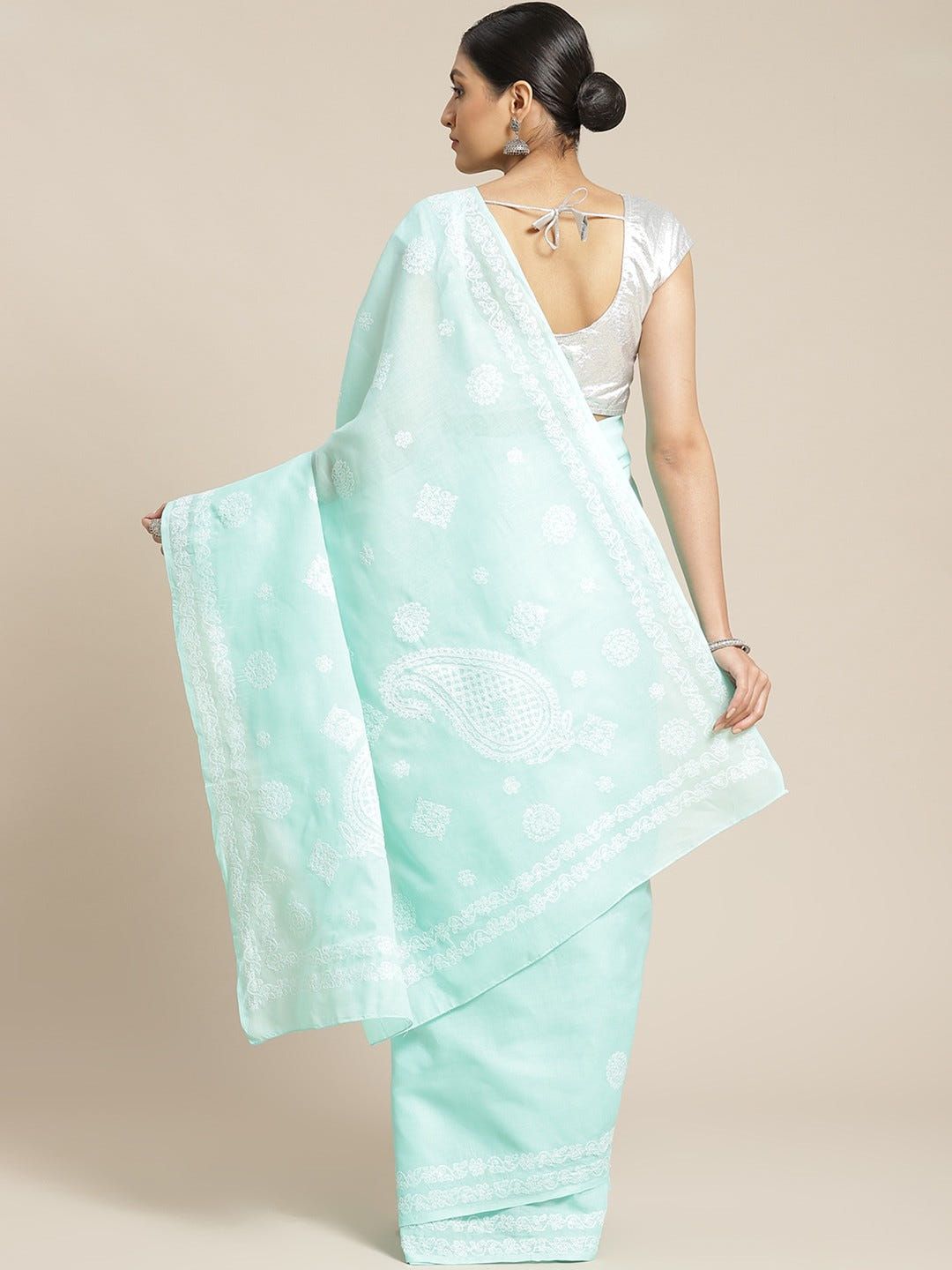Ada Hand Embroidered Sea Green Cotton Lucknow Chikan Saree With Blouse- A311118