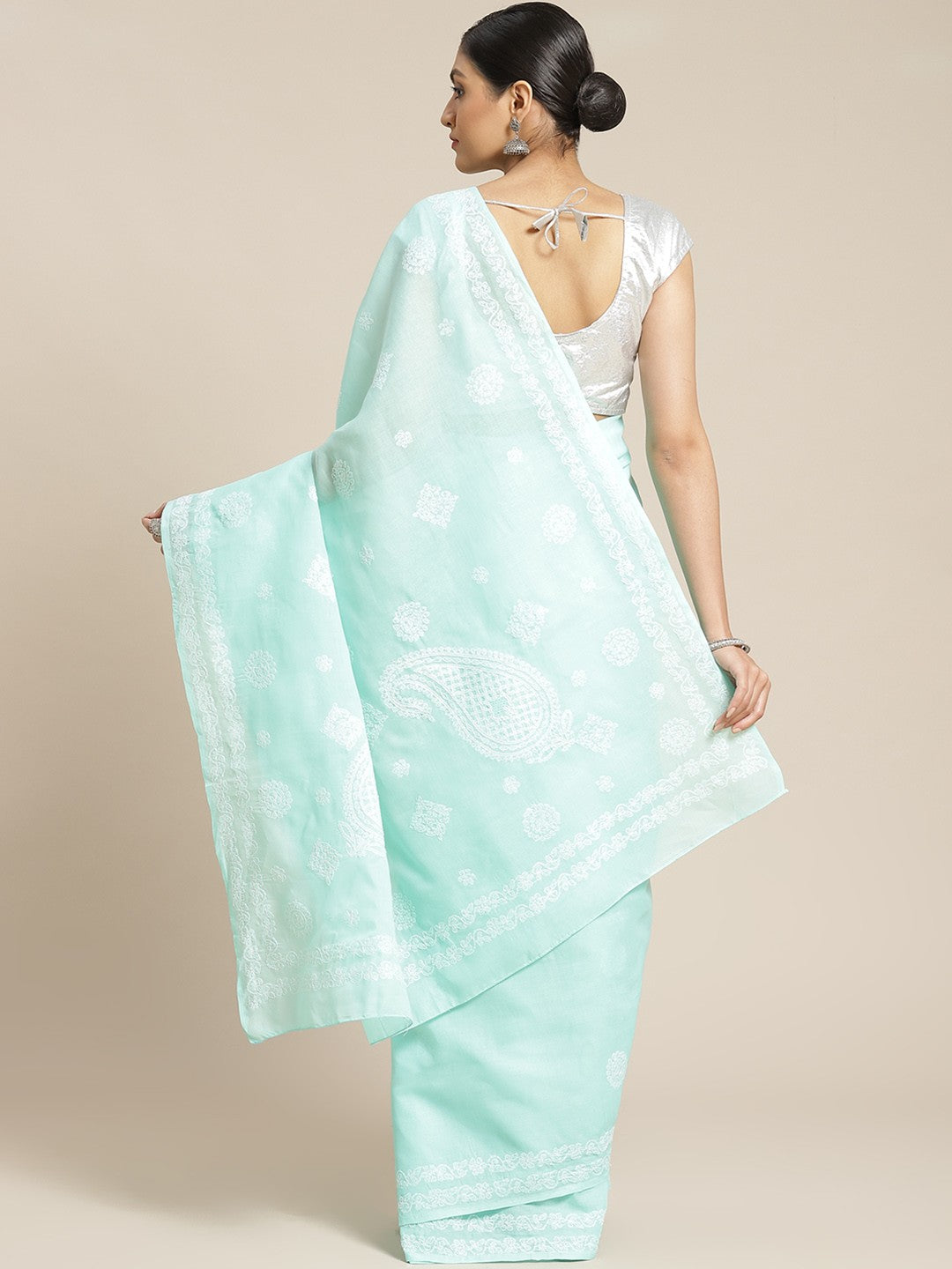 Ada Hand Embroidered Sea Green Cotton Lucknow Chikan Saree With Blouse- A311118