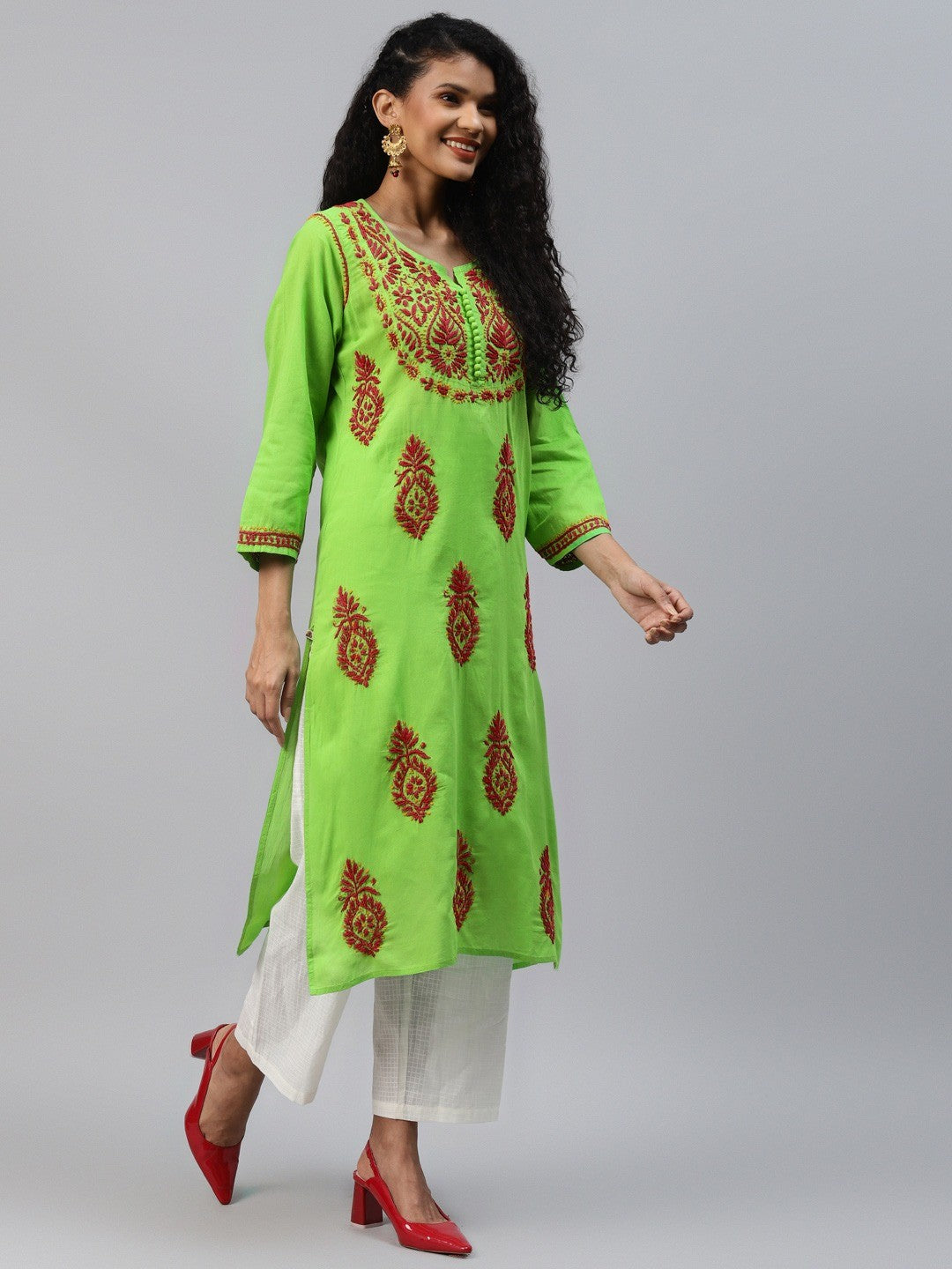 Ada Hand Embroidered Green Cotton Lucknowi Chikankari Straight Kurta-A174385