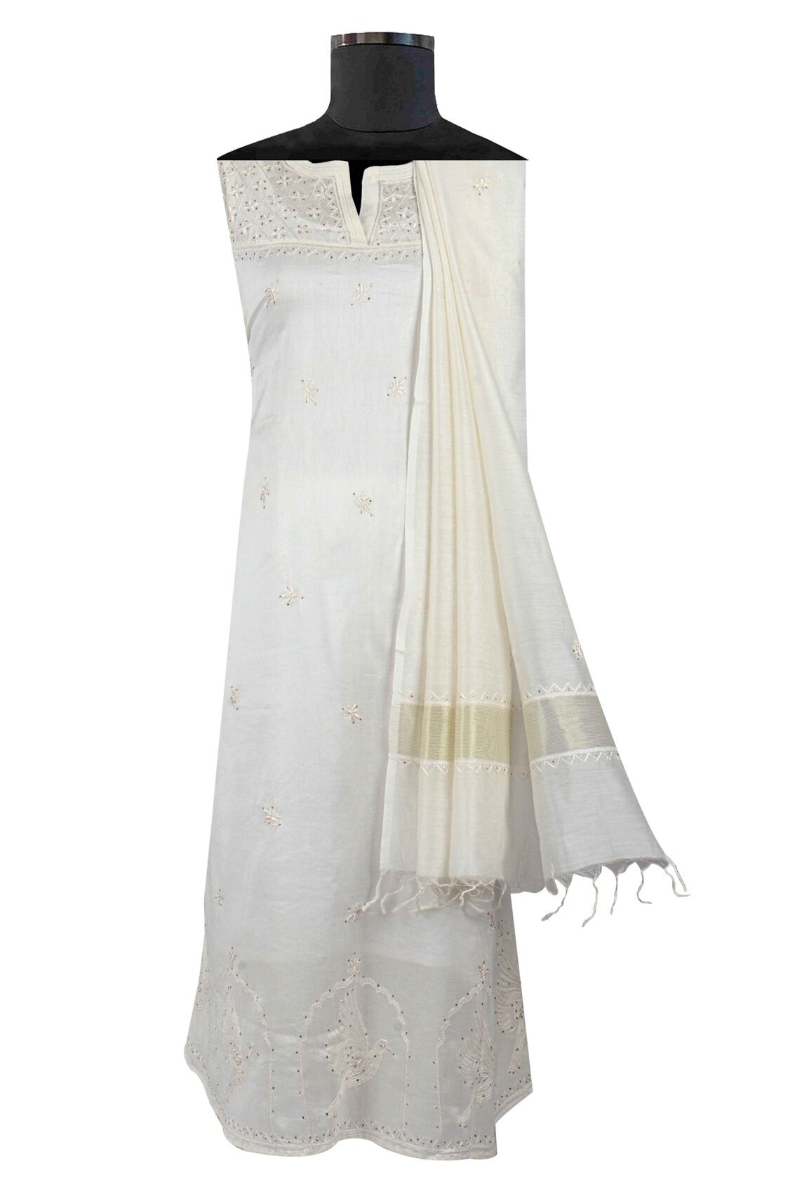 Ada Hand Embroidered White Chanderi Lucknowi Chikankari Unstitched Kurta Dupatta Set With Muqaish Work A595356