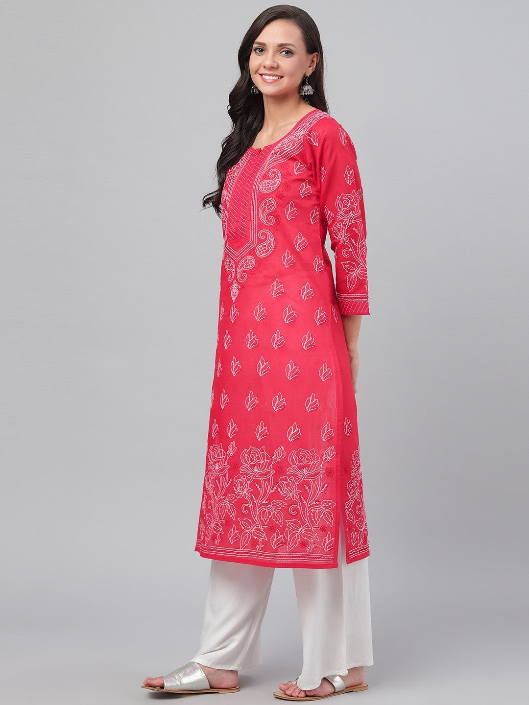 Ada Hand Embroidered Red Cotton Lucknowi Chikankari Straight Kurta A234087