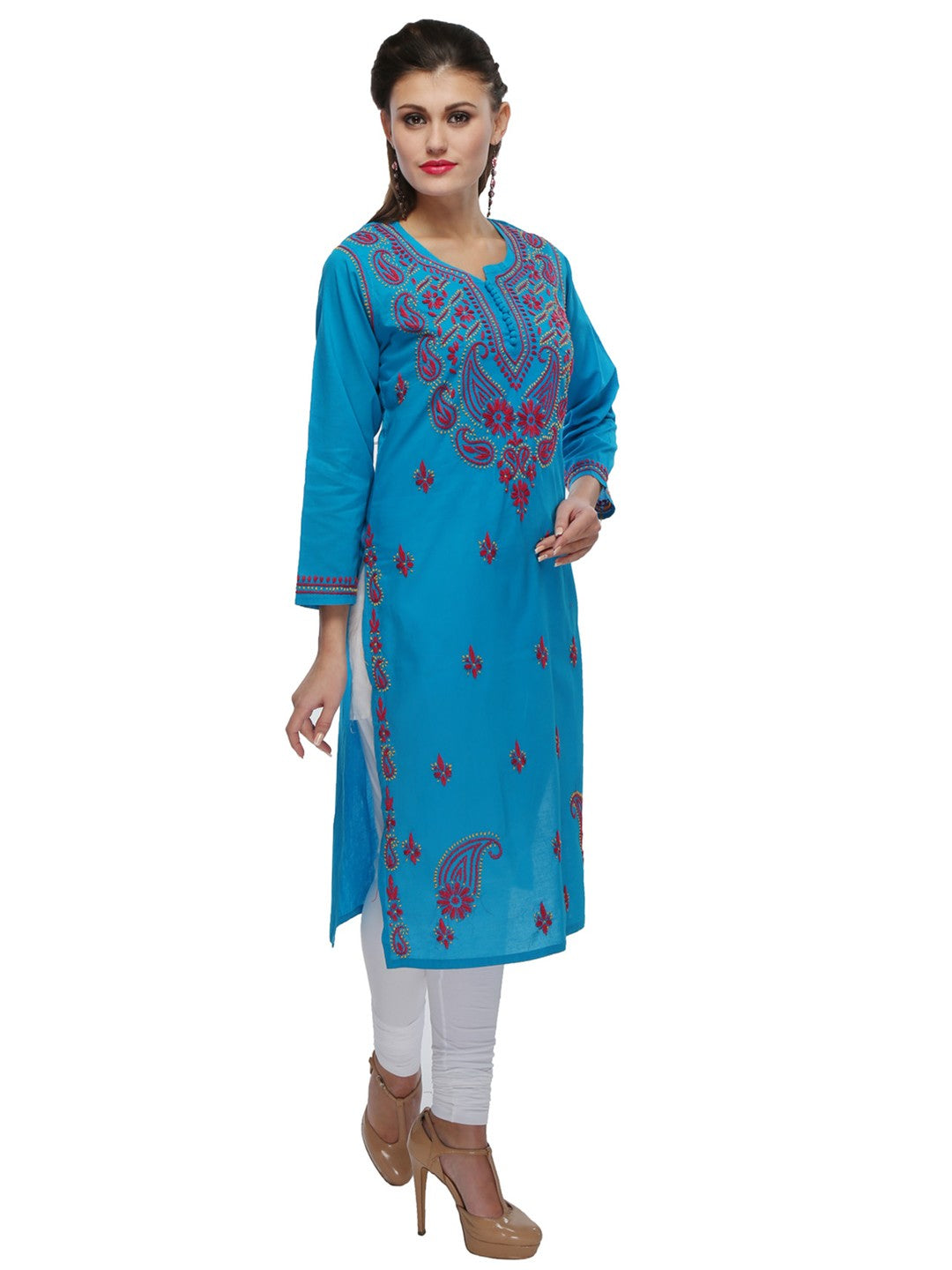 Ada Hand Embroidered Blue Cotton Lucknowi Chikankari Straight  Kurta  A154035