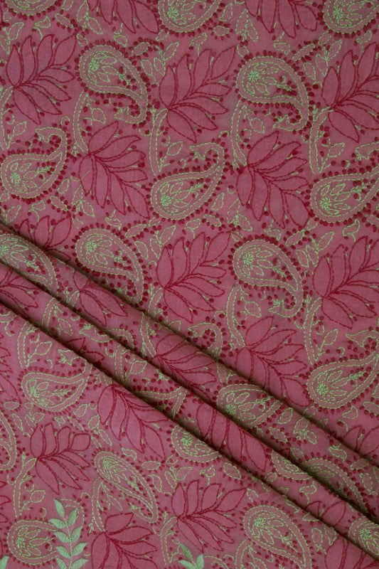 Ada Hand Embroidered Carrot Pink Cotton Lucknowi Chikan Unstitched Suit Piece–A100161