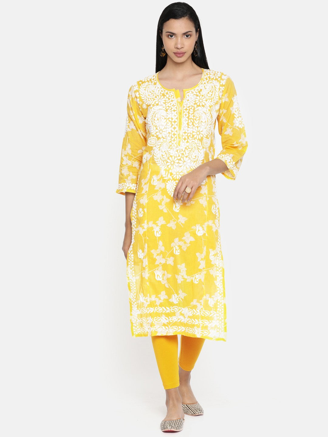 Ada Hand Embroidered Yellow Cotton Lucknowi Chikankari Straight Kurta A100208