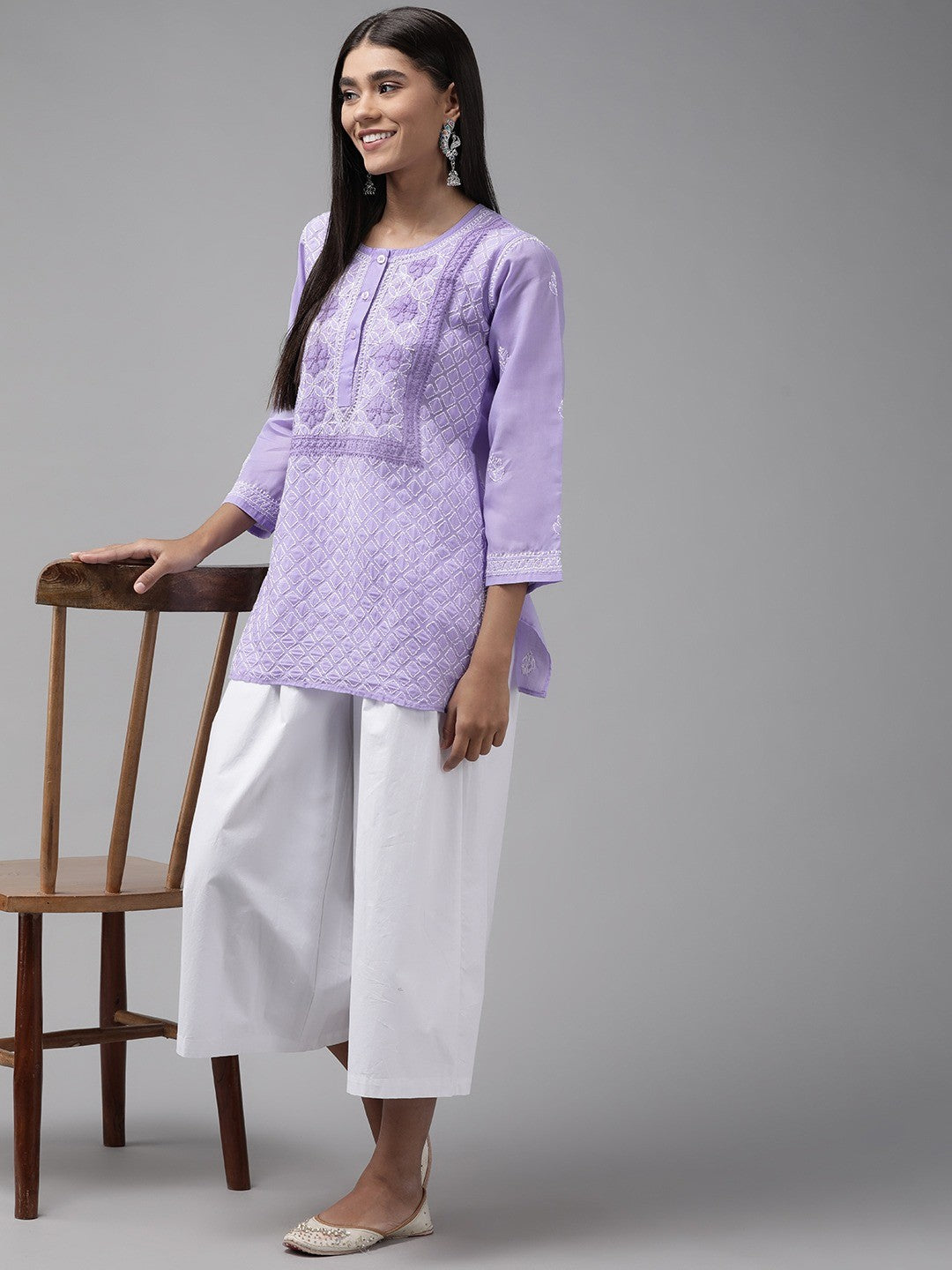 Ada Hand Embroidered Mauve Cotton Lucknowi Chikankari Straight Kurti A911237