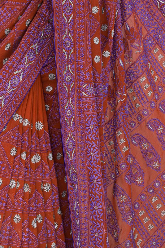 Ada Hand Embroidered Rust Pure Georgette Lucknow Chikan Saree with Blouse A108710
