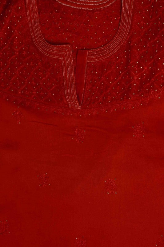 Ada Hand Embroidered Maroon  Chanderi Lucknowi Chikan Semi-stitched Kurta Dupatta Set With Muqaish Work-A577229