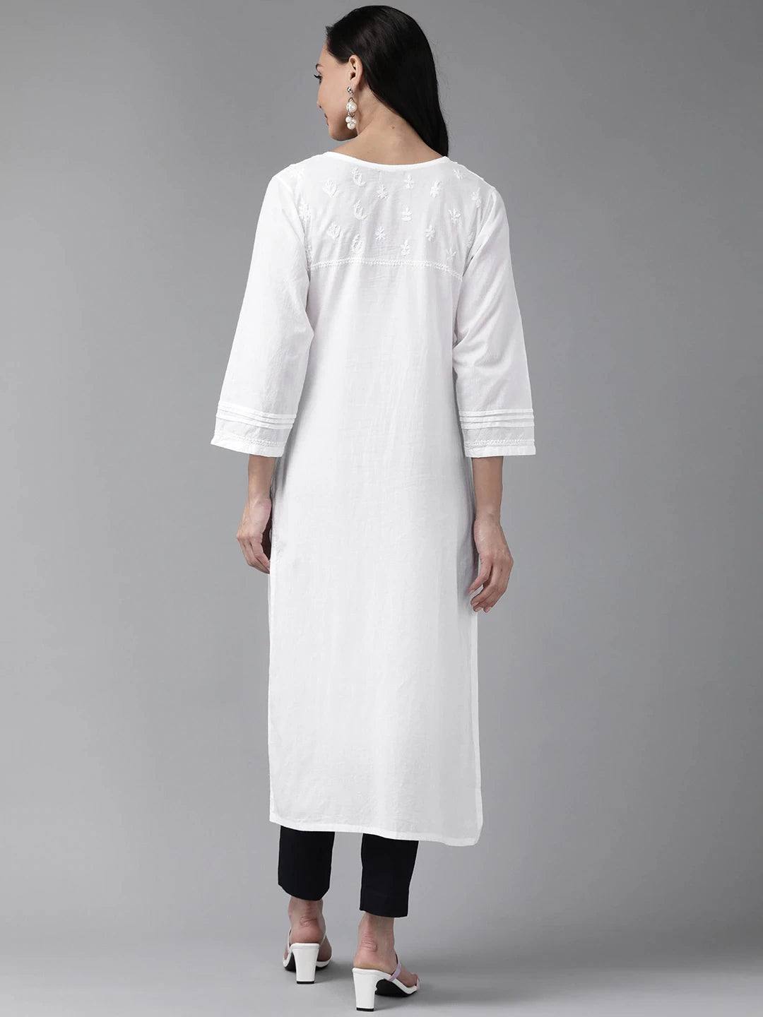 Ada Hand Embroidered White Cotton Lucknow Chikan Kurti-A411230