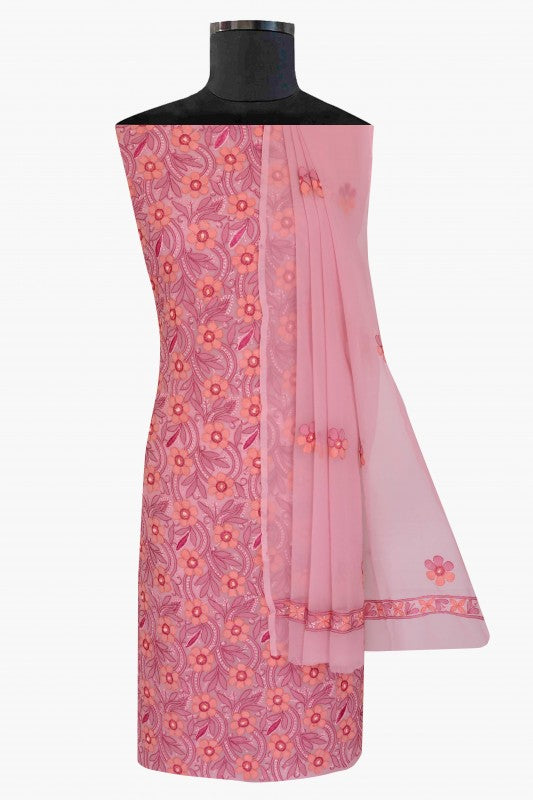 Ada Hand Embroidered Flamingo Pink Georgette Lucknowi Chikan Unstitched Suit Piece A630414