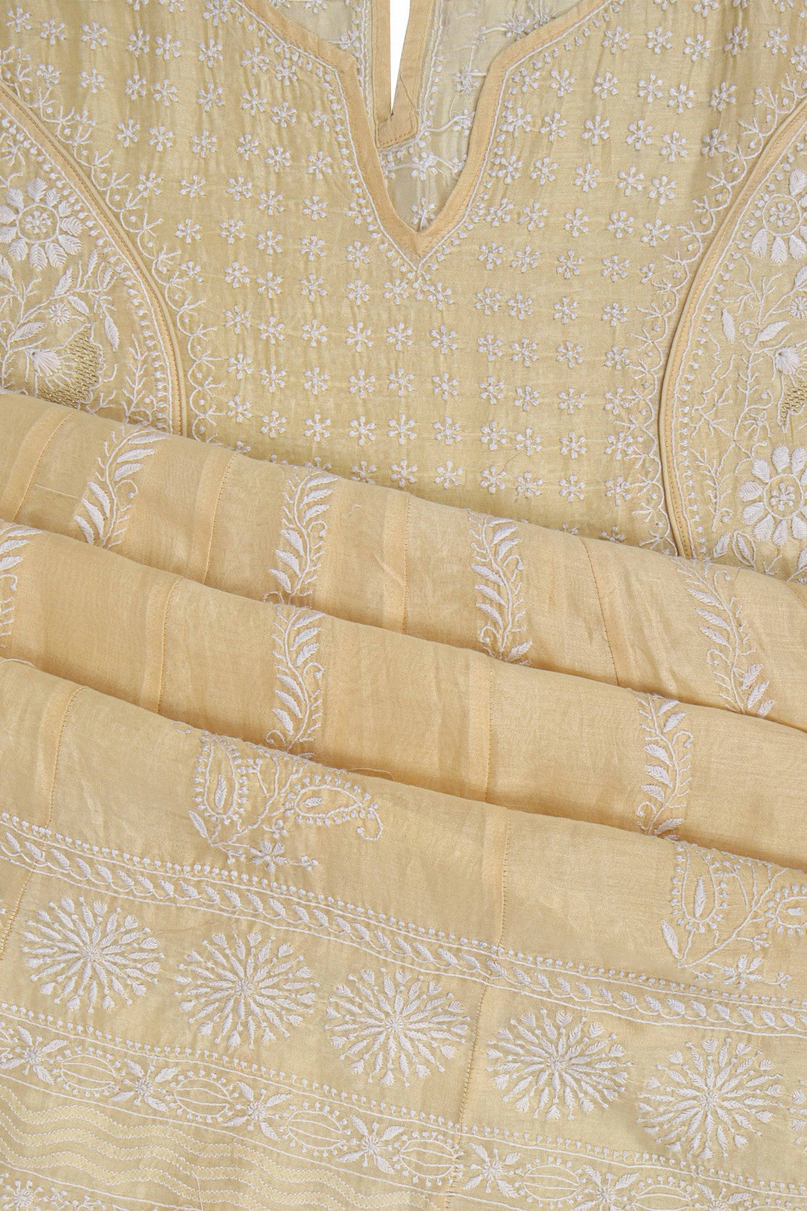 Ada Hand Embroidered Fawn Chanderi Lucknowi Chikankari Semi-Stitched Anarkali Kurta Dupatta Set 01A205808
