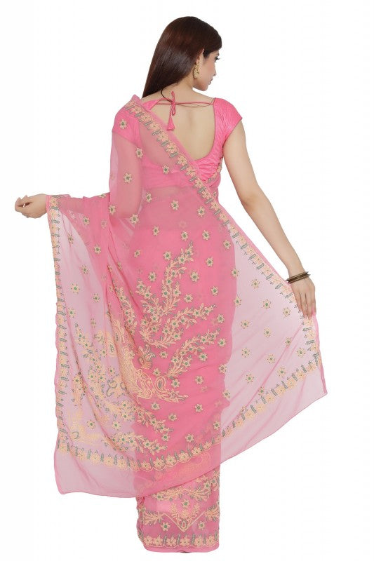 Ada Hand Embroidered Pink Georgette Lucknow Chikan Saree with Blouse A204981