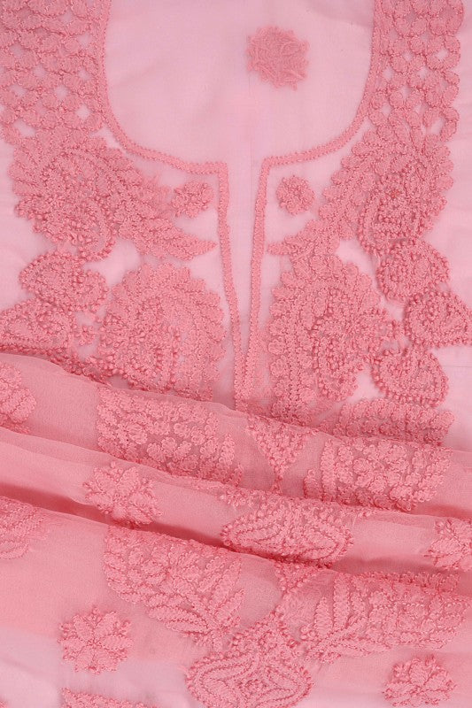Ada Hand Embroidered Peach Georgette Lucknowi Chikan Unstitched Suit Piece A211219