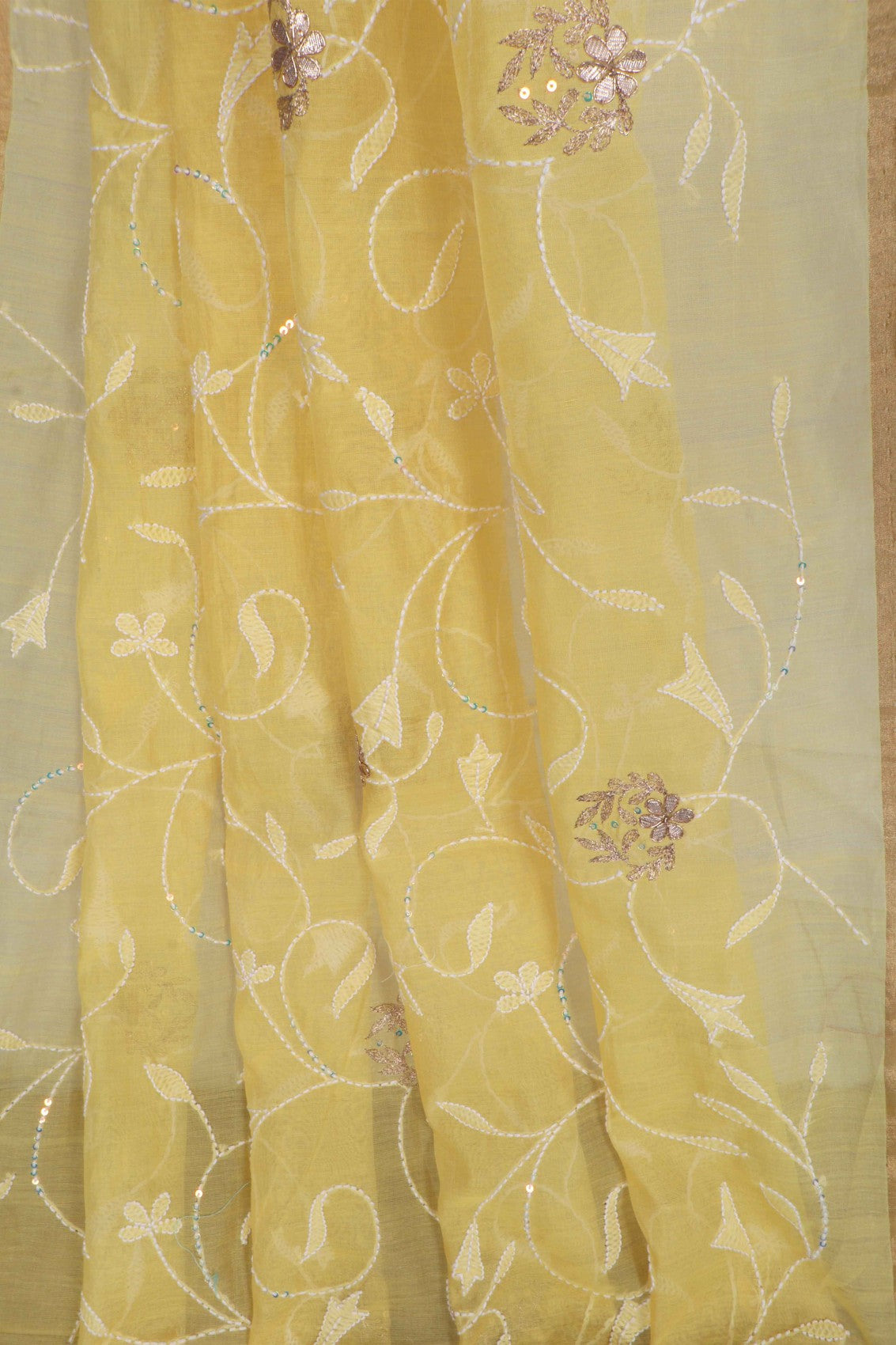 Ada Hand Embroidered Yellow Chanderi Lucknowi Chikankari Dupatta With Zari Work A105795