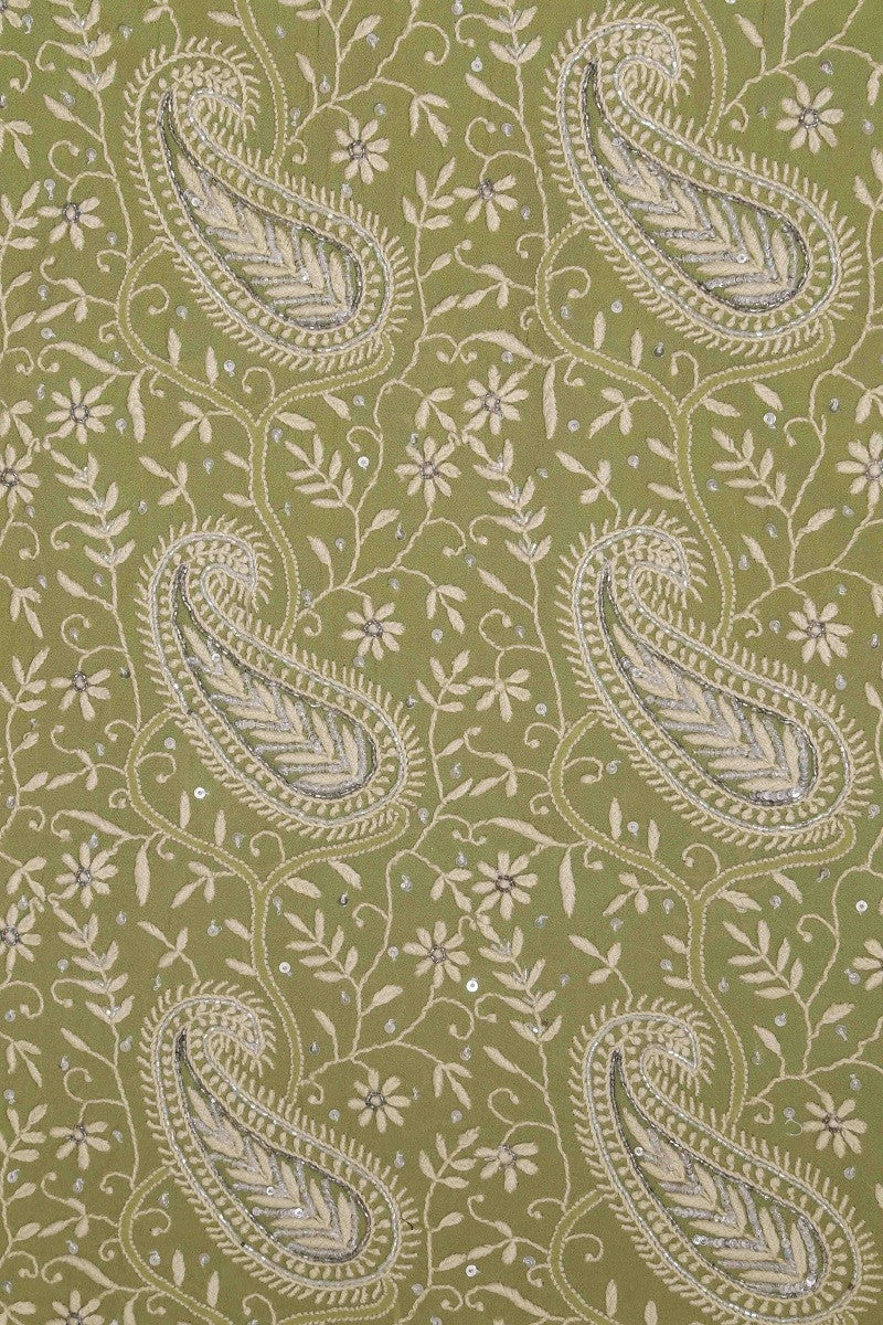 Ada Hand Embroidered Sage Green Pure Georgette Chikan Unstitched Kurta Dupatta Set with Sequinned Work - A511812