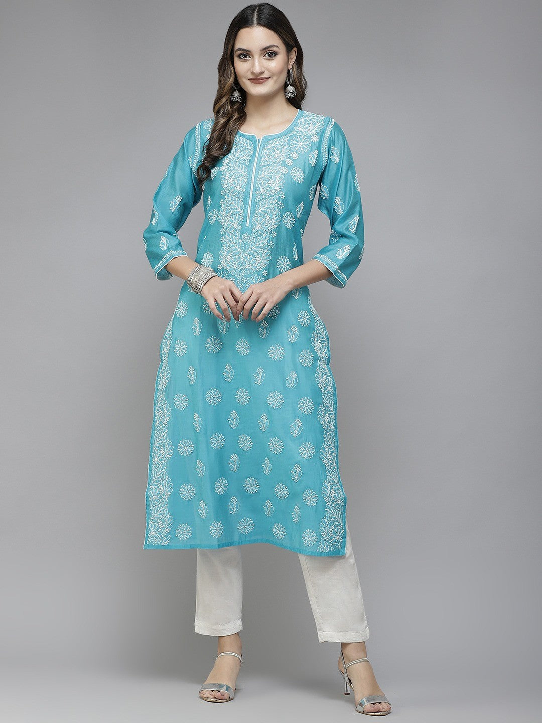 Ada Hand Embroidered Blue Chanderi Lucknowi Chikan Straight Kurta A411342