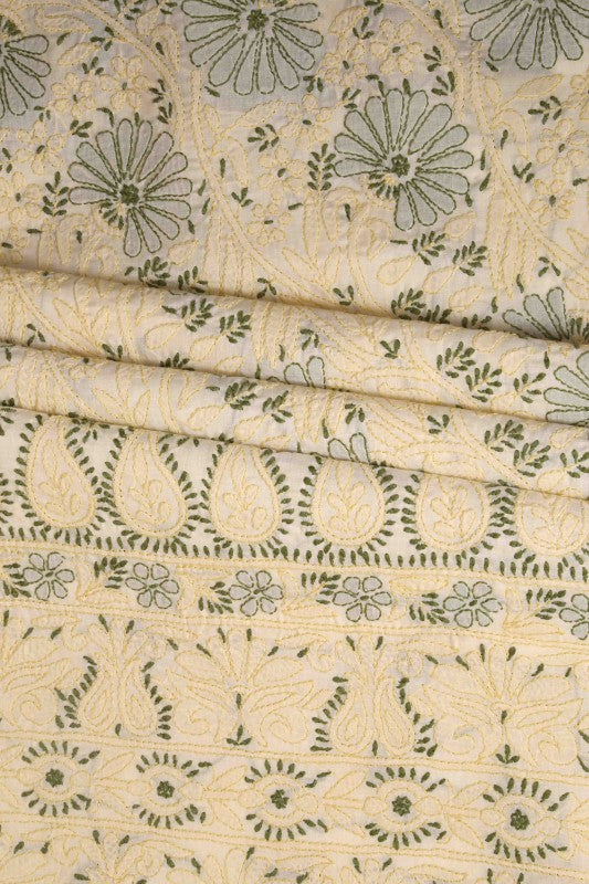Ada Hand Embroidered Cream Cotton Lucknowi Chikan Unstitched Suit Piece- A100306