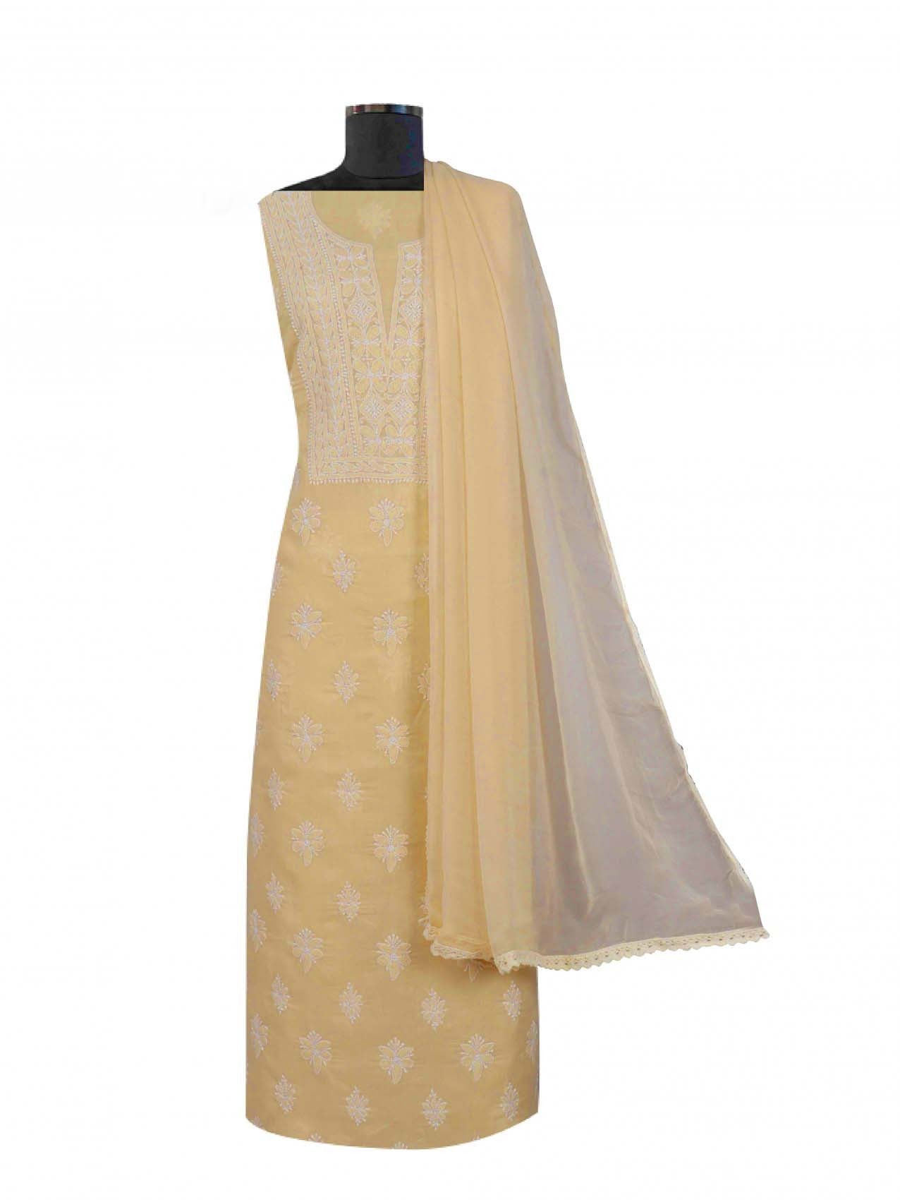 Ada Hand Embroidered Dark Fawn Cotton Lucknowi Chikankari Unstitched Suit Piece 01A193610