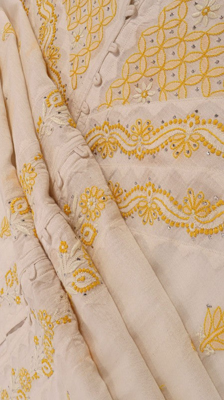 Ada Hand Embroidered White Chanderi Lucknowi Chikankari Unstitched Kurta Dupatta Set With Muqaish Work A326791
