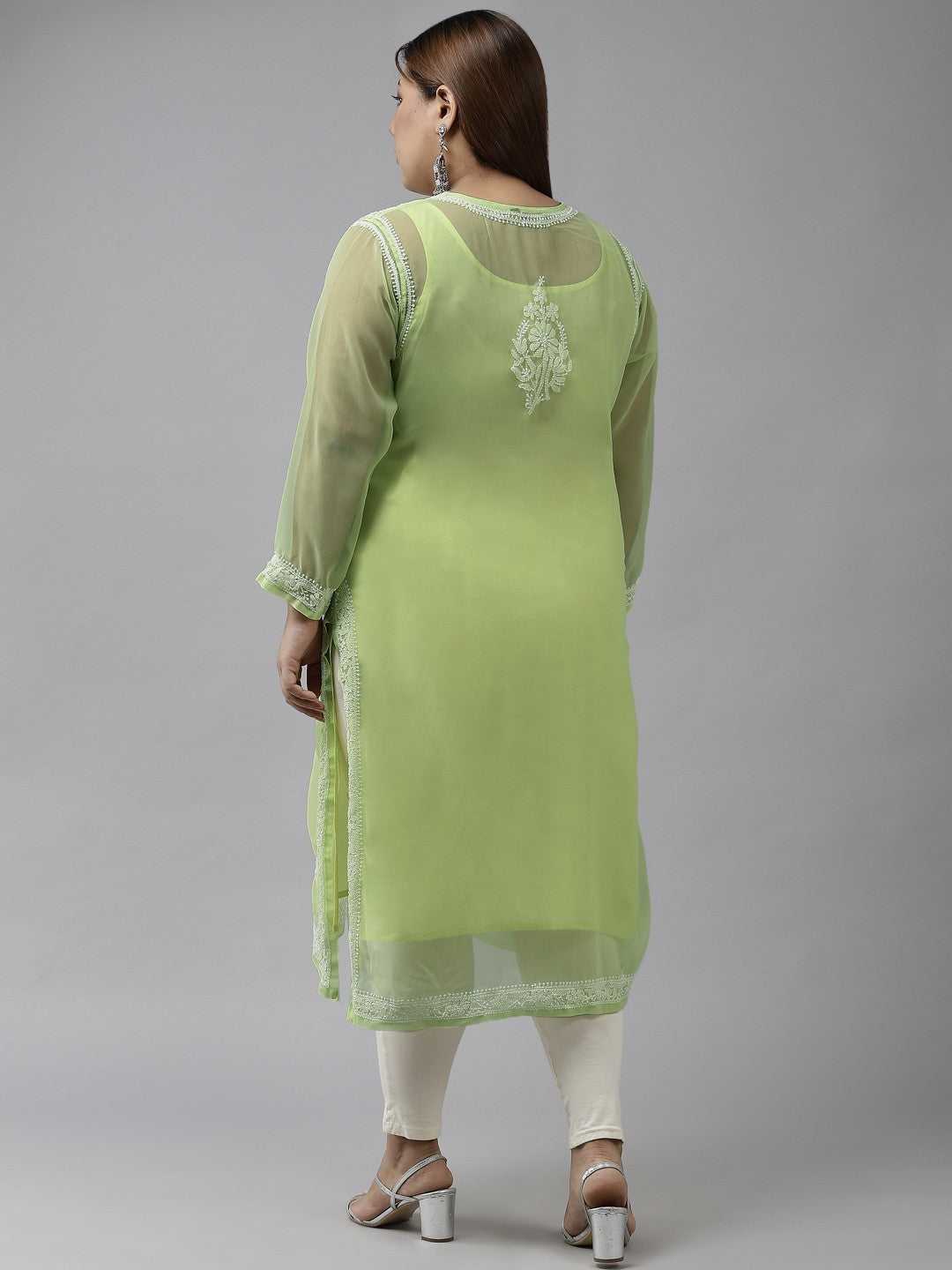 Ada Hand Embroidered Parrot Green Georgette Lucknowi Chikankari Straight Kurta With Slip A411365