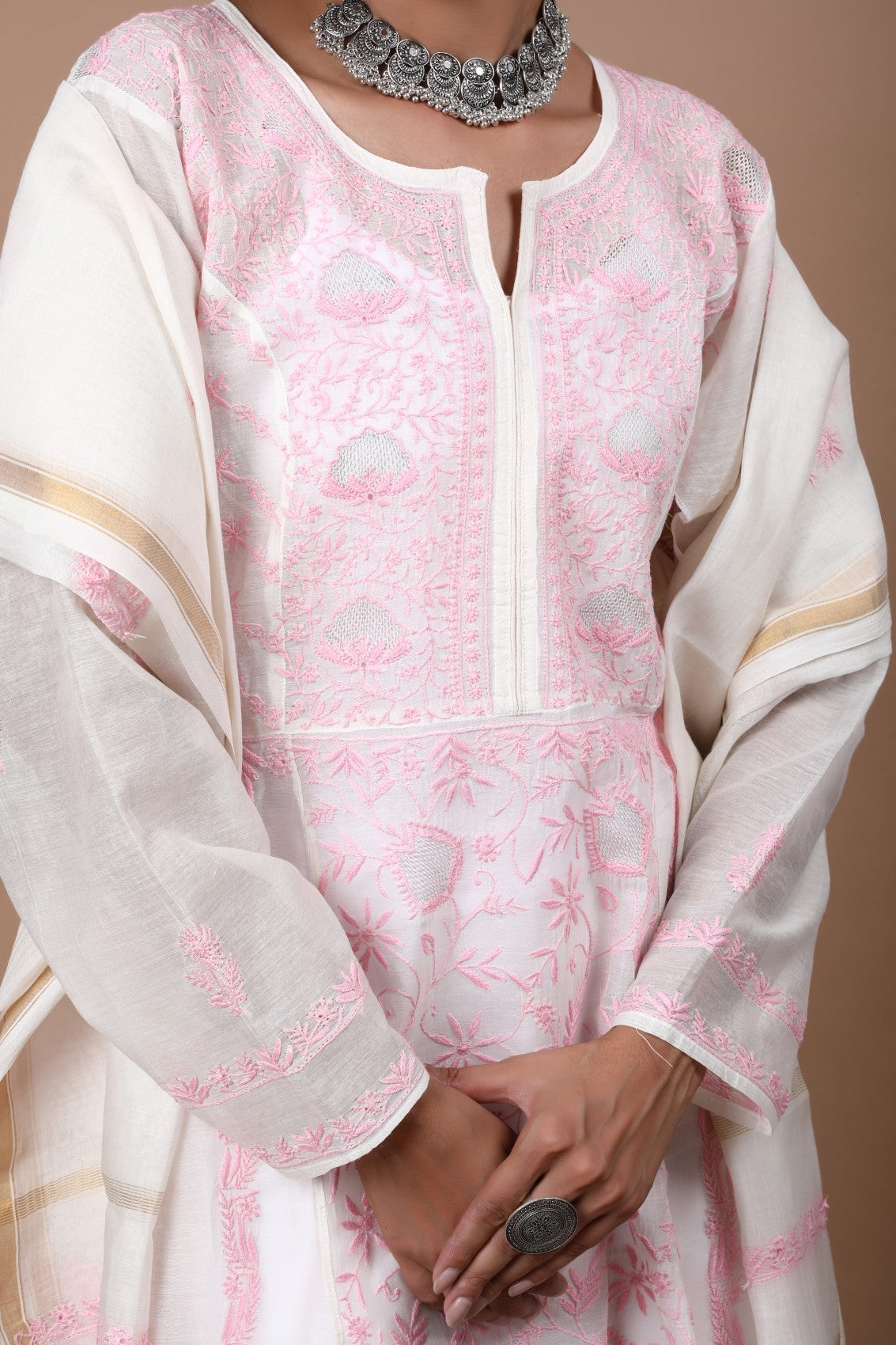 Ada Hand Embroidered Cream Chanderi Lucknowi Chikankari Semi-Stitched Anarkali Kurta Dupatta Set With Zari Work 01A268032