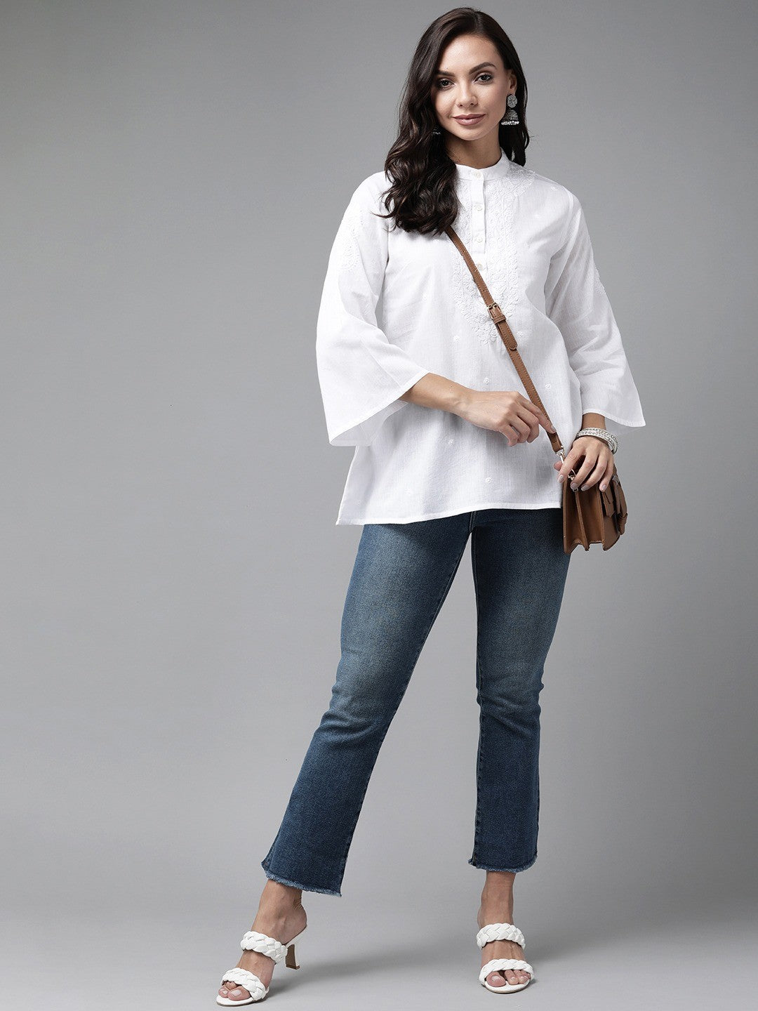 Ada Hand Embroidered White Linen Lucknowi Chikankari Short Kurti A911233