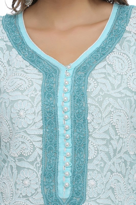 Ada Hand Embroidered Blue Faux Georgette Lucknowi Chikankari Straight Kurta with Slip-A244153