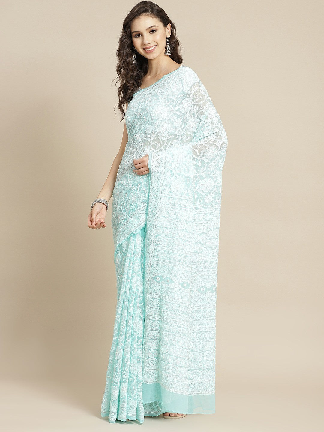 Ada Hand Embroidered Sea Green Georgette Lucknow Chikan Saree With Blouse A311324