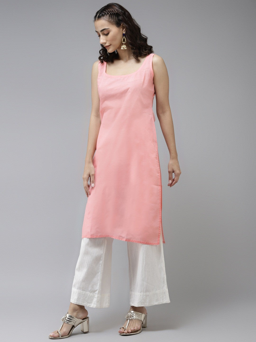 Ada Hand Embroidered Peach Organza Lucknowi Chikankari Straight Kurta With Slip- A411238