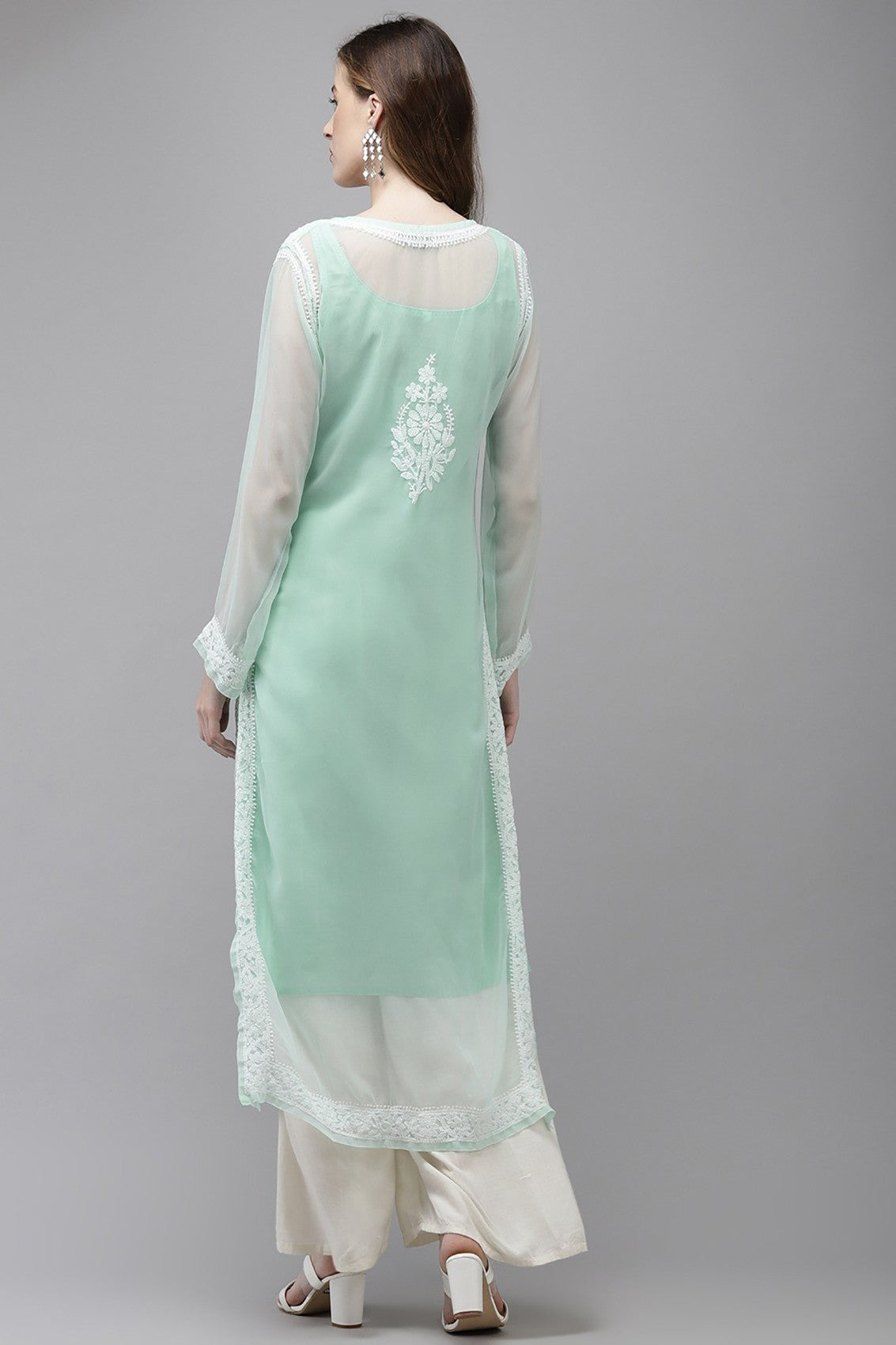 Ada Hand Embroidered Sea Green Georgette Lucknow Chikan Straight Kurta with Slip A411363