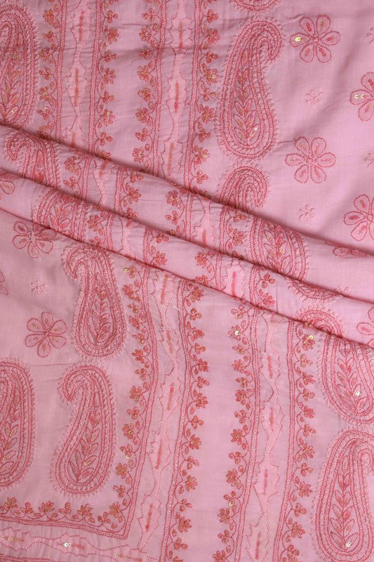 Ada Hand Embroidered Baby Pink Cotton Lucknowi Chikan Unstitched Kurta Piece with Sequinned Work - A175092