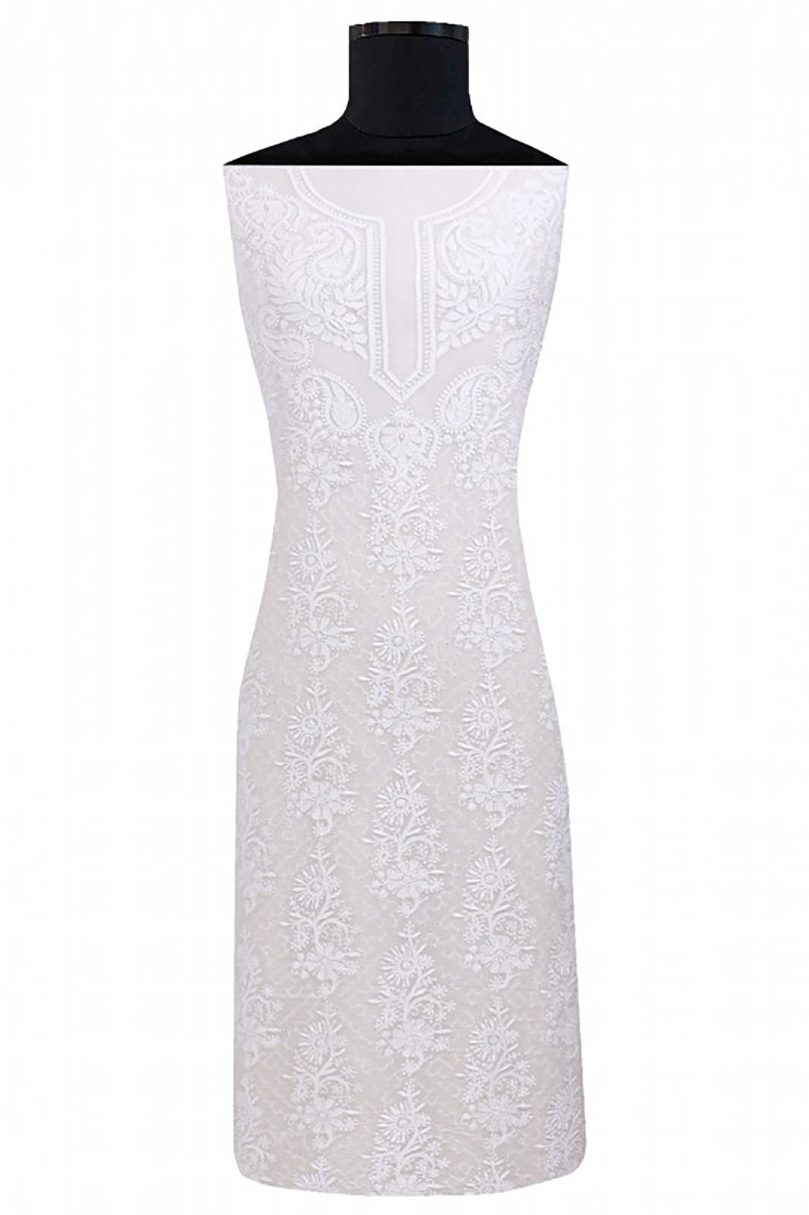 Ada Hand Embroidered White Pure Georgette Lucknowi Chikankari Unstitched Kurta Dupatta Set A593630