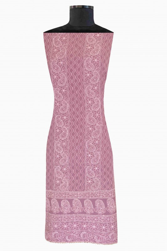 Ada Hand Embroidered Mauve Georgette Lucknowi Chikan Unstitched Kurta Dupatta Set A567447