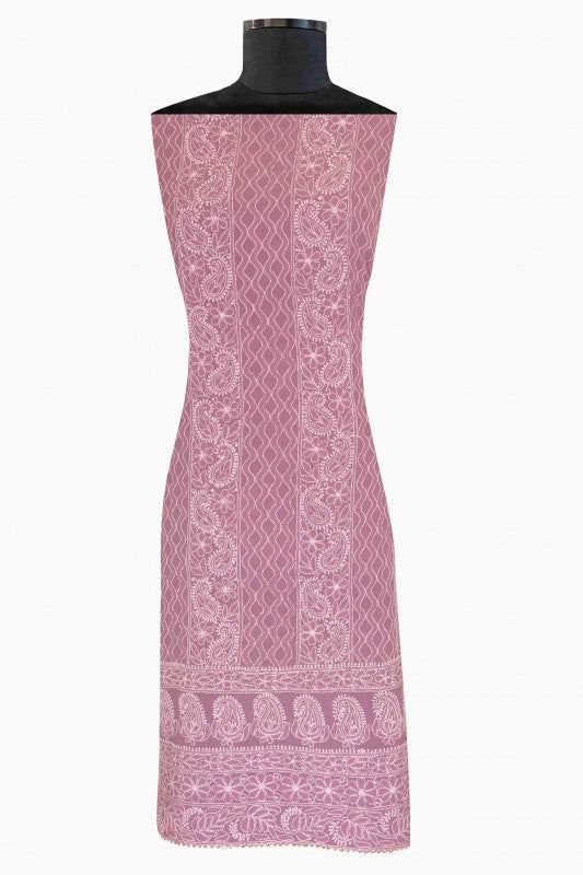 Ada Hand Embroidered Mauve Georgette Lucknowi Chikan Unstitched Kurta Dupatta Set A567447