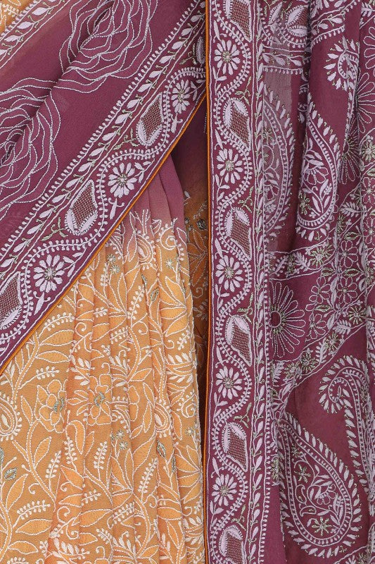 Ada Hand Embroidered Yellow /Pansy Purple Pure Georgette Lucknowi Chikankari Saree With Blouse-A51504