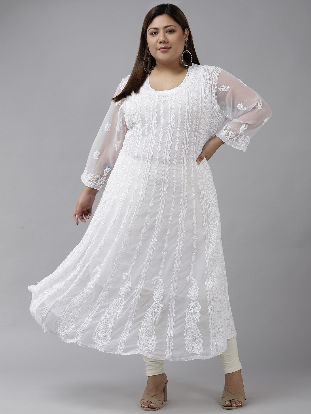 Ada Hand Embroidered White Georgette Lucknowi Chikankari Anarkali A-line Kurta A411205