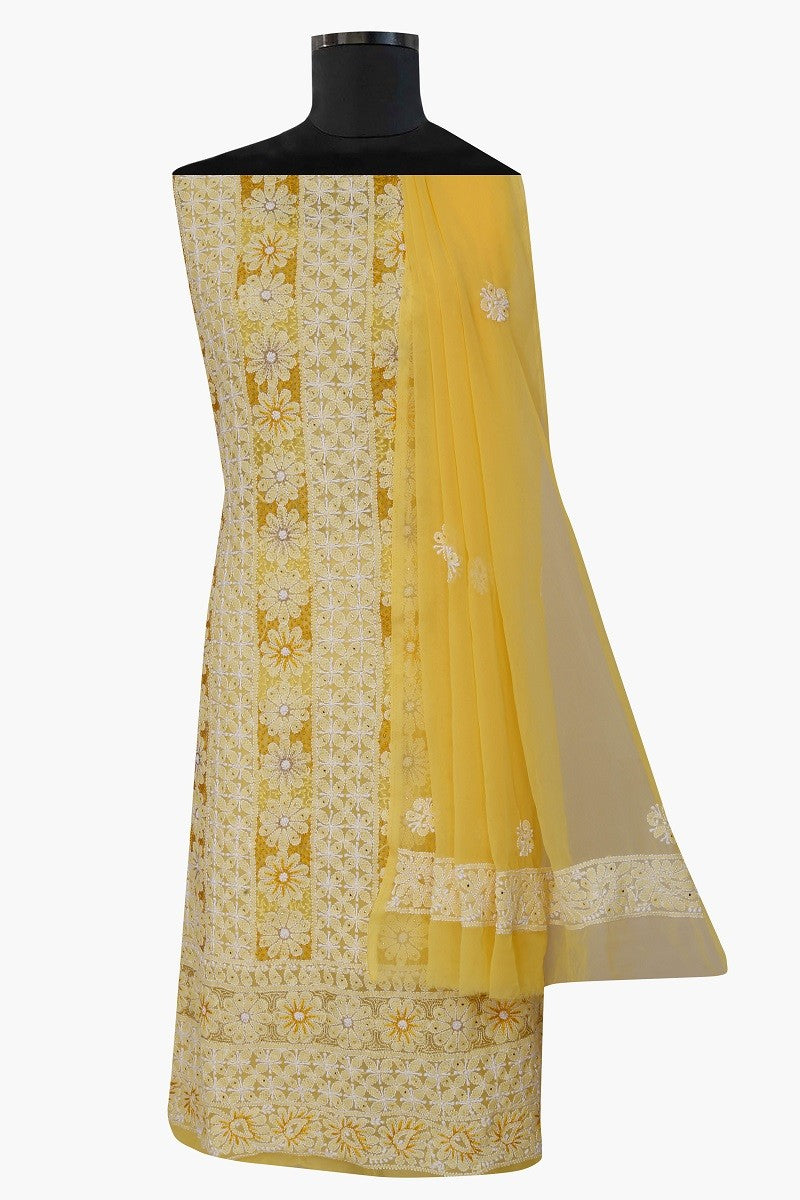 Ada Hand Embroidered Sunglow Yellow Georgette Lucknowi Chikan Unstitched Suit Piece with Muqaish Work A605776